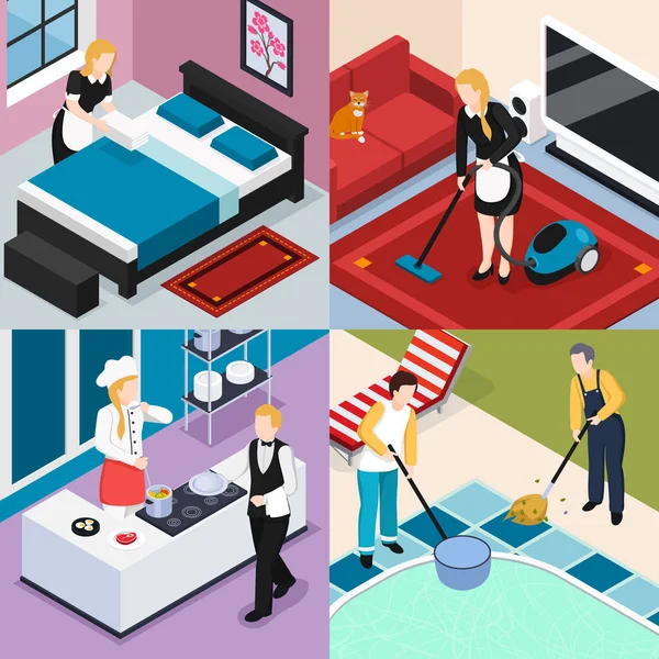 Personal Hause 2X2 Design Konzept Set Von Menschen Der Reinigung — Stockvektor