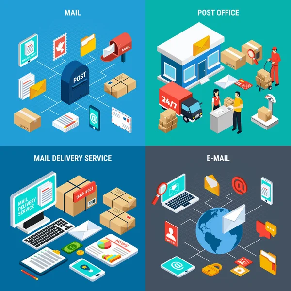 Conjunto de iconos isométricos de correo de cuatro cuadrados — Archivo Imágenes Vectoriales