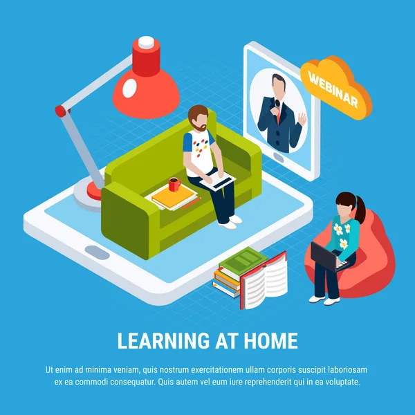 Concepto Webinar Isométrico Con Aprendizaje Titular Del Hogar Estudio Persona — Archivo Imágenes Vectoriales