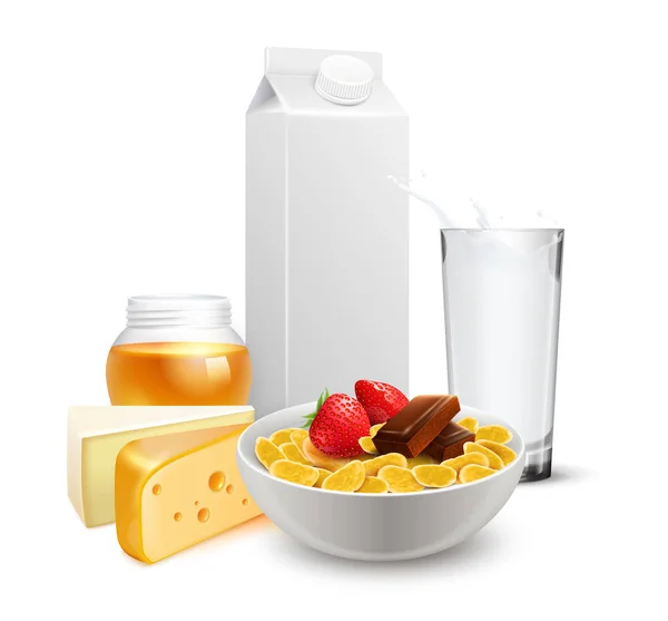 Breakfast Cereals Milk Realistic Composition — Stock Vector