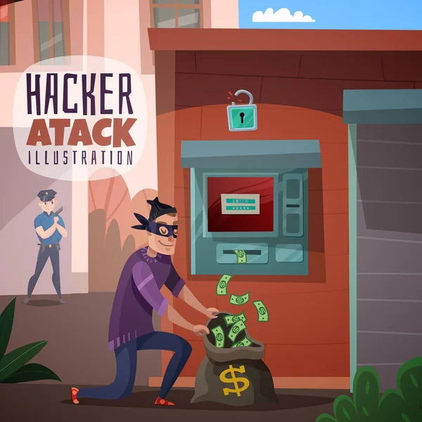Banco Hacking ilustración de dibujos animados — Vector de stock