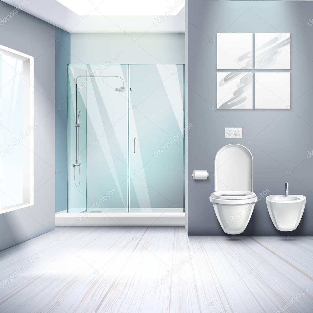 Simple bathroom  interior realistic composition with shower cabin toilet and bidet 3d elements vector illustration