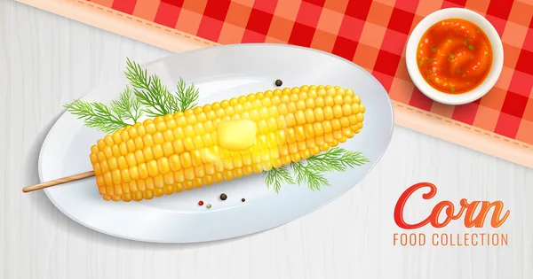 Realistic Corn On Plate Illustration — Stock Vector