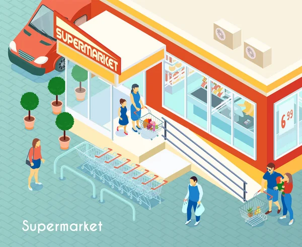 Süpermarket açık izometrik arka plan — Stok Vektör