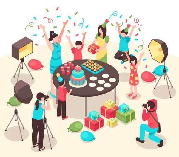 Kids Party fotografen isometrische illustratie — Stockvector