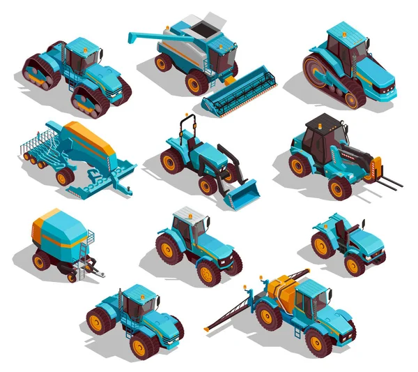 Agricultural Machines Isometric Icons Set — Stock Vector