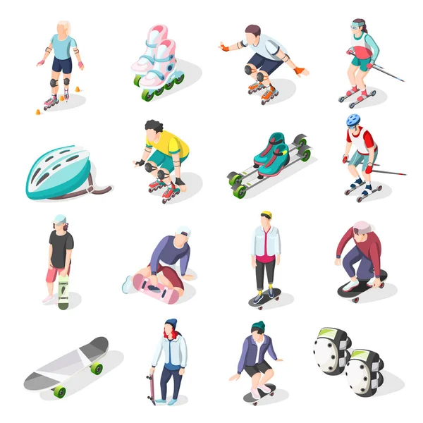 Roller And Skateboarders Isometric Icons — Stock Vector