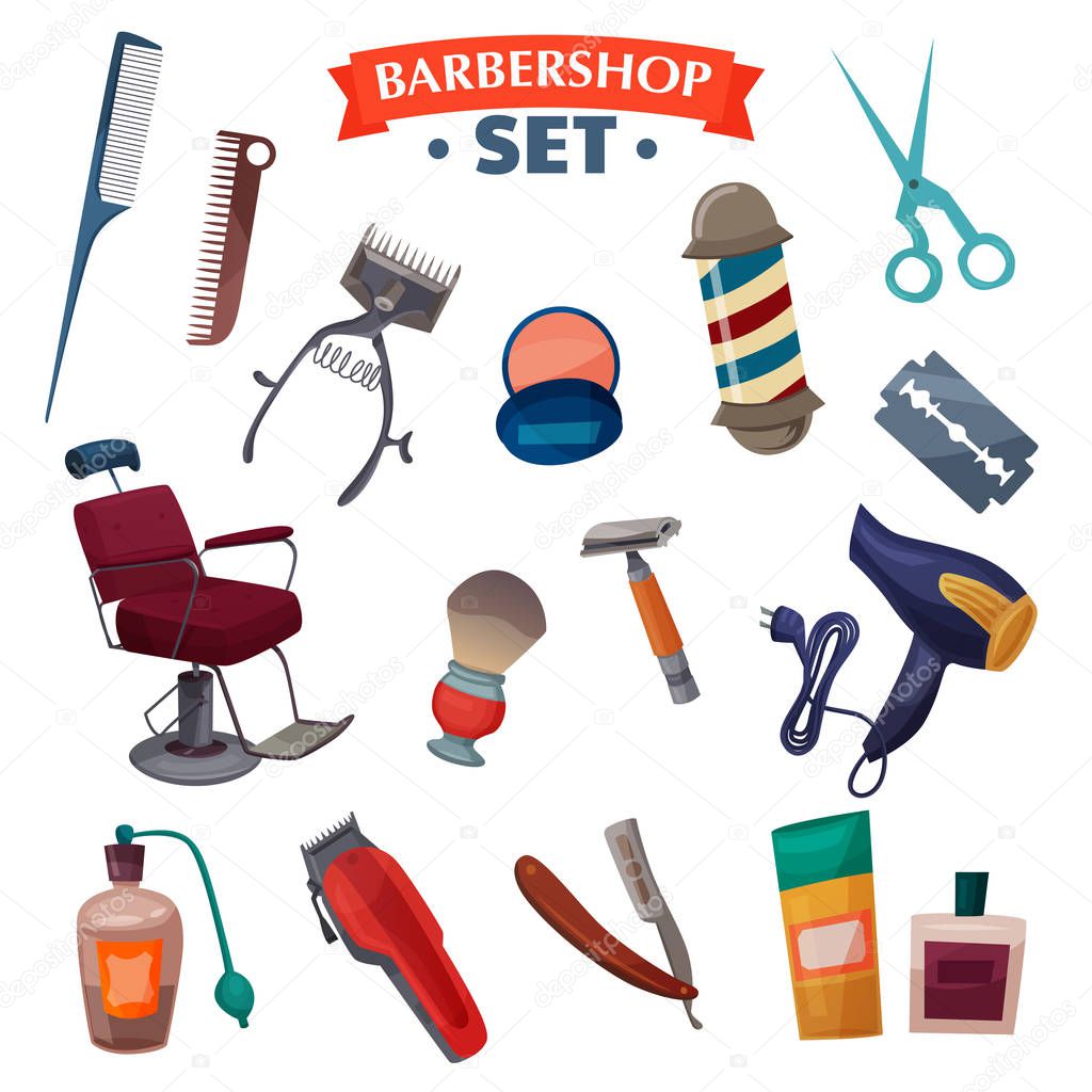 Conjunto de equipos de barbería y accesorios ilustración vectorial