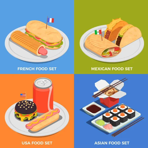 Street Food Konzept Symbole Mit Französischen Und Asiatischen Lebensmittelsymbolen Isometrische — Stockvektor