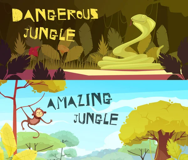 Jungle Horizontal Cartoon Banners - Stok Vektor