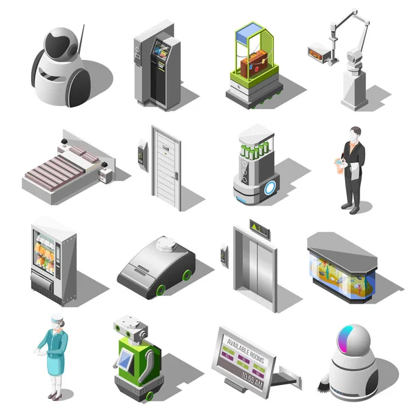 Hoteles Robotizados Iconos isométricos — Vector de stock