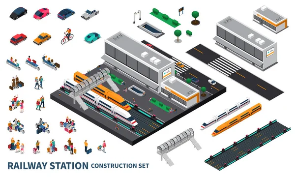 Railway Station Isometric Constructor — Stock Vector