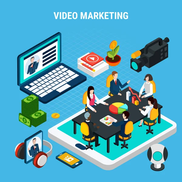 Video Marketing izometrikus összetétele — Stock Vector