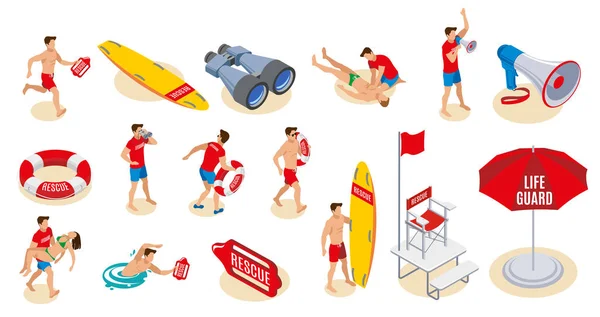 Strand badmeesters Isometrisch Icons — Stockvector