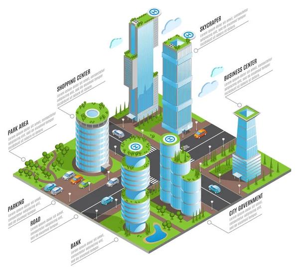 Izometrické futuristické mrakodrapy infografika — Stockový vektor