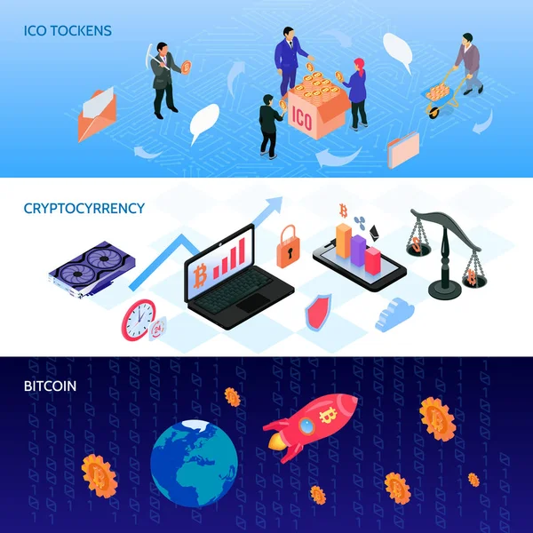 Crypto Currency Isometric Banners — Stock Vector