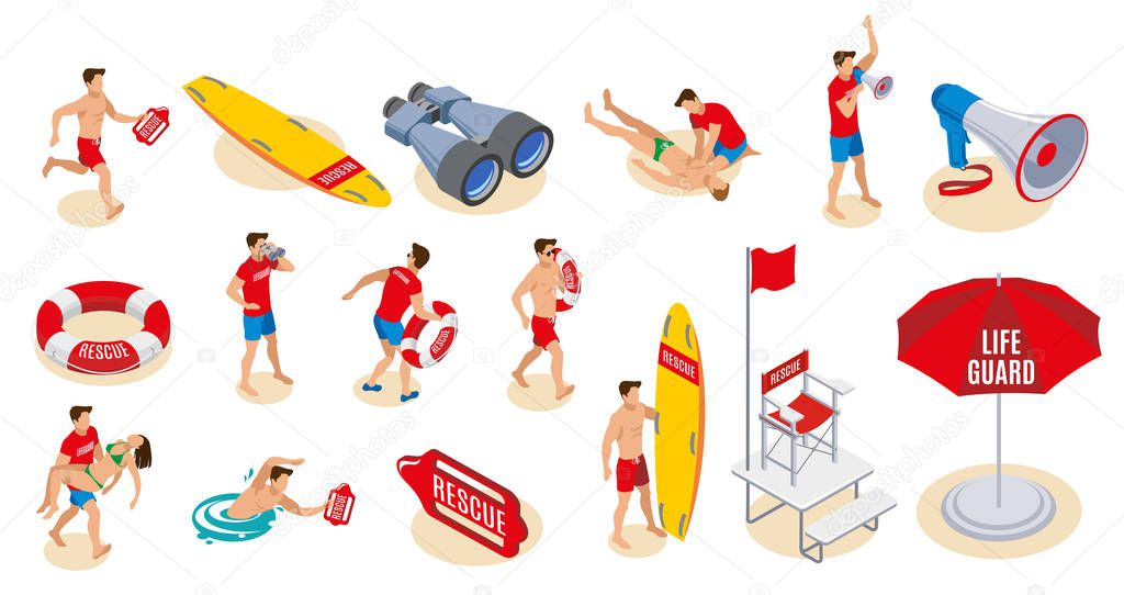 Beach Lifeguards Isometric Icons