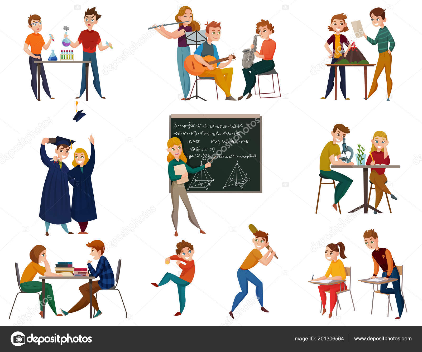 Estudiantes Escuela Durante Química Geografía Entrenamiento Físico Música  Profesor Cerca Vector de stock #201306564 de ©macrovector, image size:1600x1335