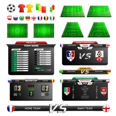 Futbol sahaları, üniformalar simgeler, bilgi panoları, ülke bayrakları, logolar, izole vektör çizim öğeleriyle spor programı yayını  