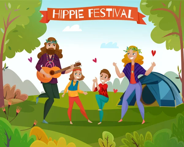 Hippi Festivali çizgi film illüstrasyon — Stok Vektör