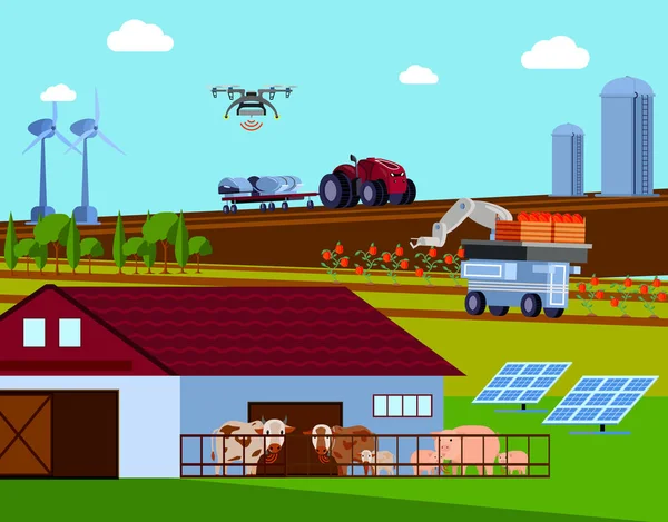 Smart Farming Composizione Ortogonale Piatta Con Veicoli Agricoli Automatizzati Energia — Vettoriale Stock
