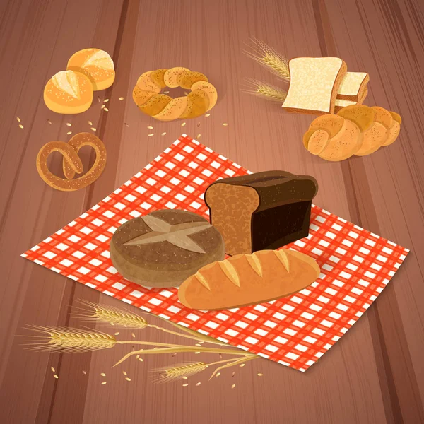 パン製品の背景に食事 生鮮食品のシンボル フラット ベクトル図 — ストックベクタ