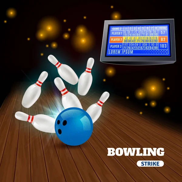 Bowling Strike Kompozisyon Vurması Ile Mavi Topu Pimleri Skor Kurulu — Stok Vektör