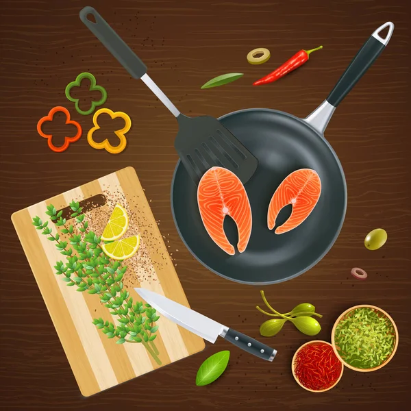 木製テクスチャ背景ベクトル図にサーモンのスパイスと野菜の現実的なキッチン ウェア トップ ビュー — ストックベクタ