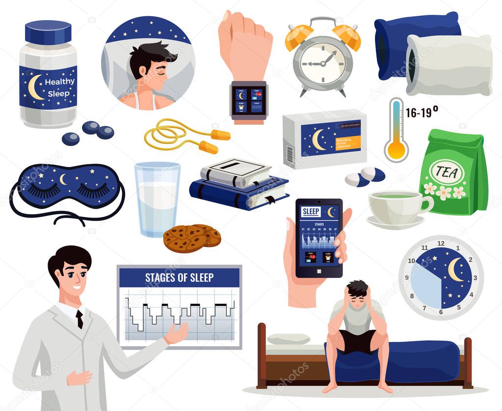 Healthy sleep decorative icons set of alarm night mask doctor showing graph of sleep stages isolated vector illustration 