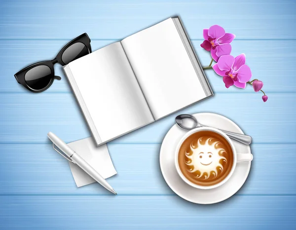 Lieu de travail cappuccino et orchidée — Image vectorielle