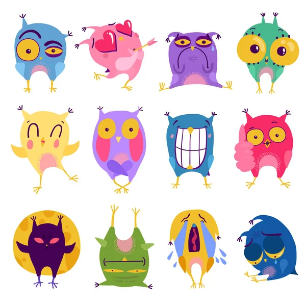 Emotion Owl Stickers Set — Stock Vector