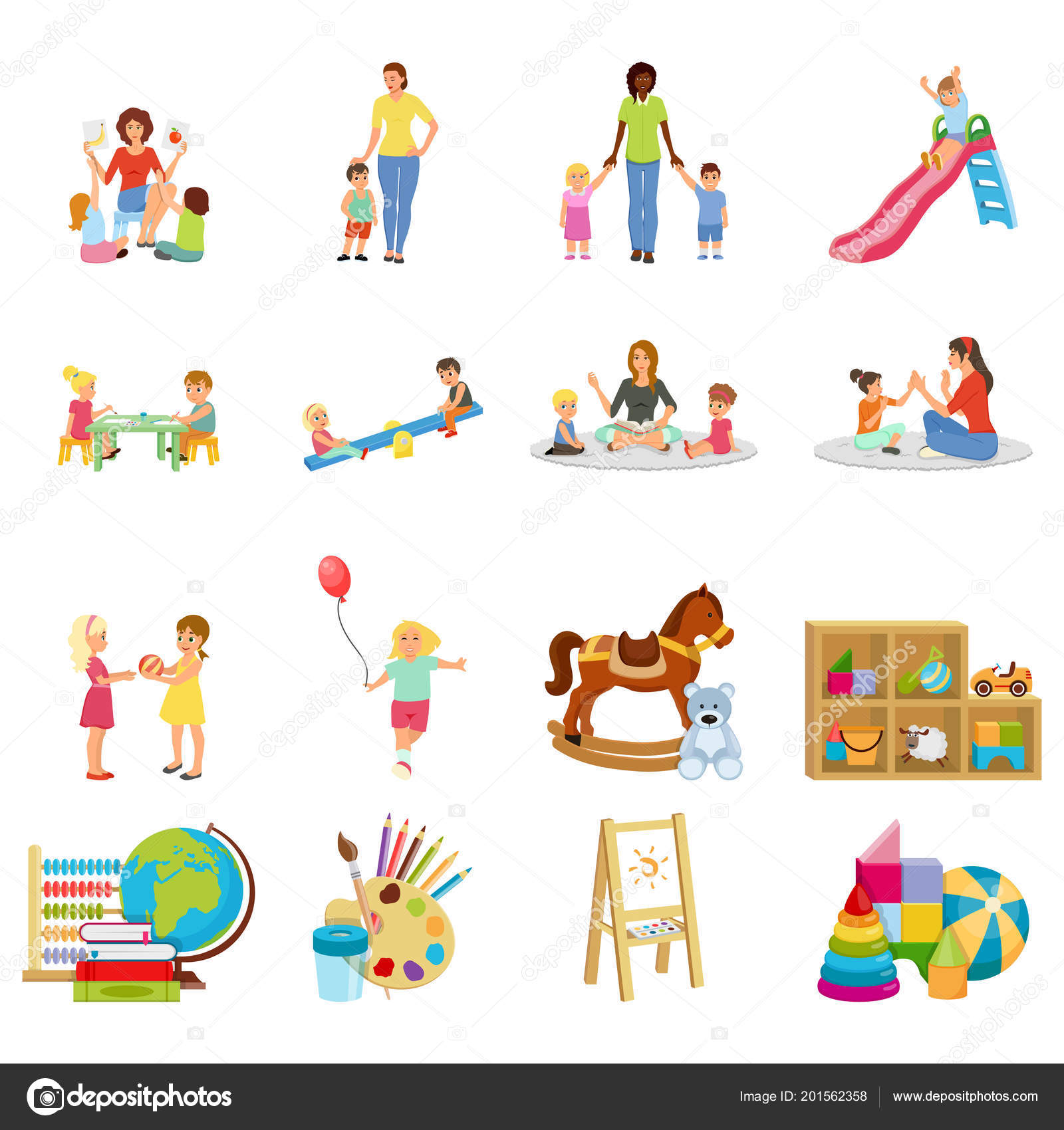 Kindergarten flache Symbole gesetzt — Stockvektor © macrovector #201562358