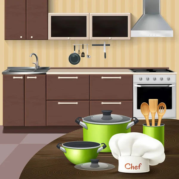Keuken interieur met kookgerei illustratie — Stockvector