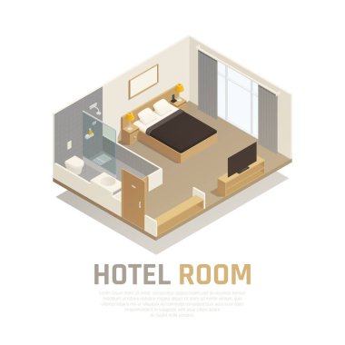 Otel odasında izometrik kompozisyon