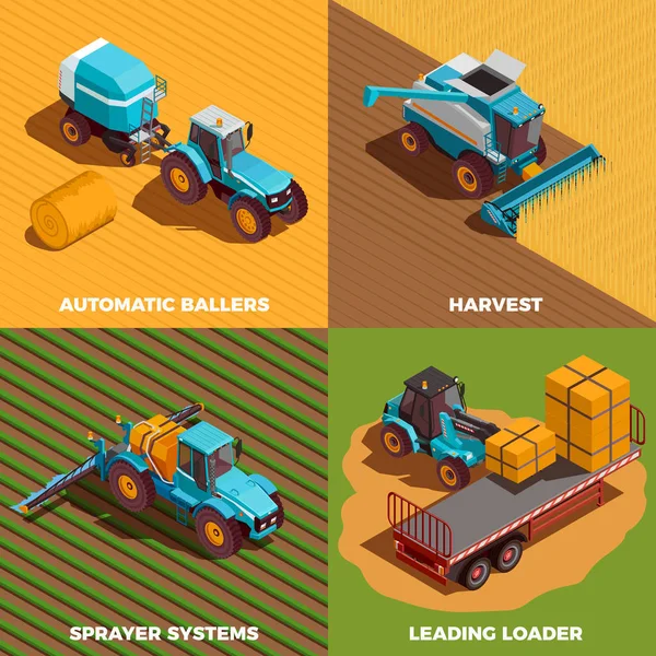 Agricultural Machines Isometric Concept Icons Set — Stock Vector