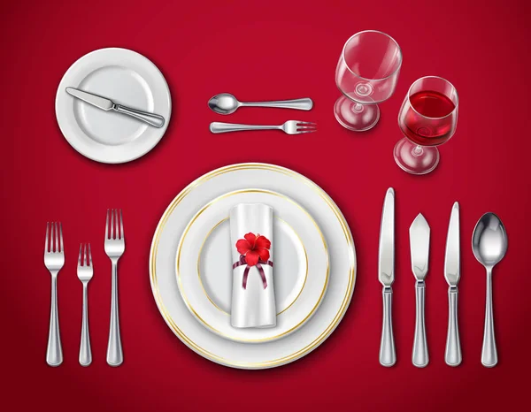 Table Place Setting On Red — Stock Vector