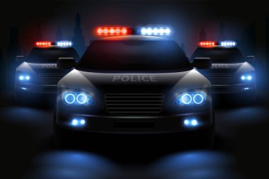 Araba LED ışıklar gerçekçi bileşimi görüntüleri ile polis devriye arabaları karartılmış farlar ve hafif çubukları vektör çizim ile