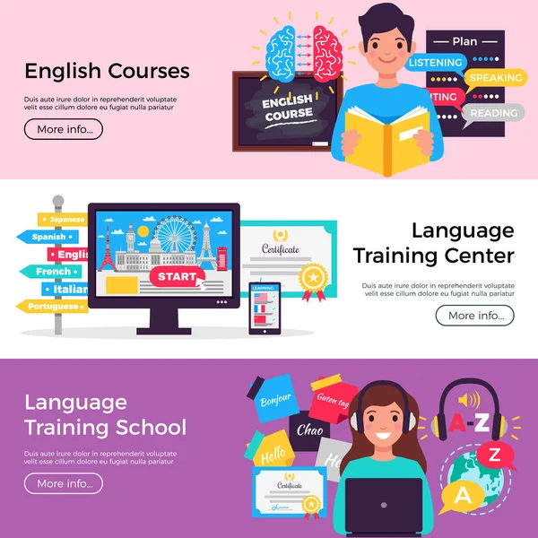 Banners de treinamento de idiomas — Vetor de Stock