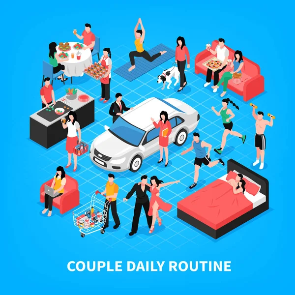 Daily Life Couple Isometric Illustration — Stock Vector