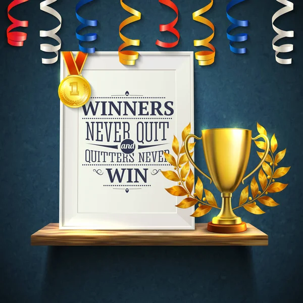 Winners Quotes Quitters Victory Cup Symbols Realistic Vector Illustration — Stock Vector