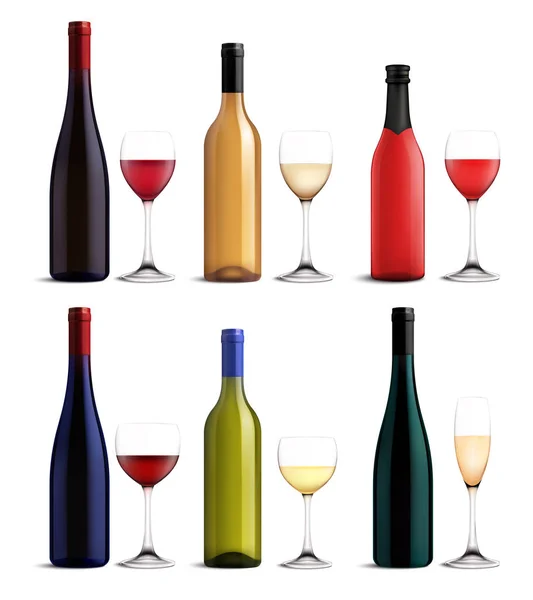 Set realista de vino y vidrio — Archivo Imágenes Vectoriales