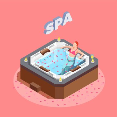Kadın banyo su terapisi izometrik kompozisyon üzerinde pembe bir arka plan vektör çizim sırasında gül yaprakları ile