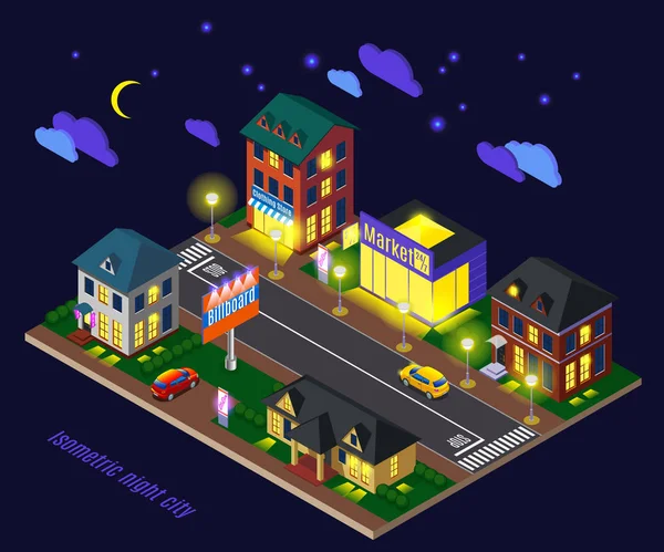 Night Suburb Isometric Composition — Stock Vector