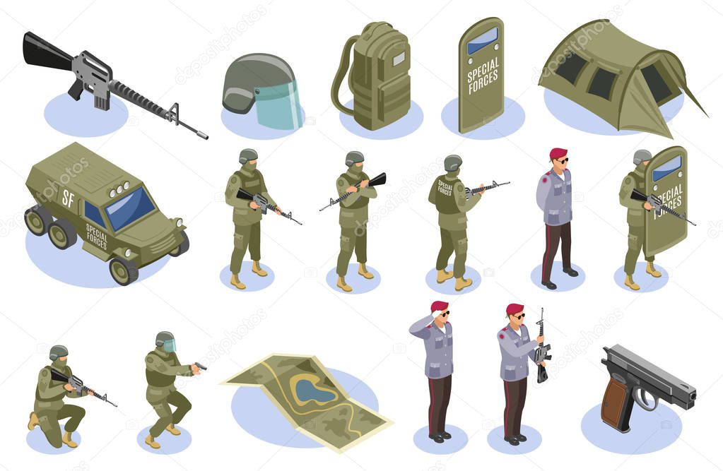 Conjunto isométrico de autodefensa de iconos de color con armas de defensa  personal aisladas y personajes humanos de lucha ilustración vectorial