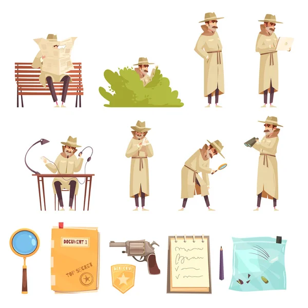 Detective privato Collezione di icone dei cartoni animati — Vettoriale Stock
