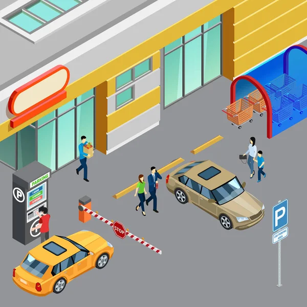 ショッピング センター ベクトル図に近いゾーンを駐車場の自販機でカラフルな等尺性組成 — ストックベクタ