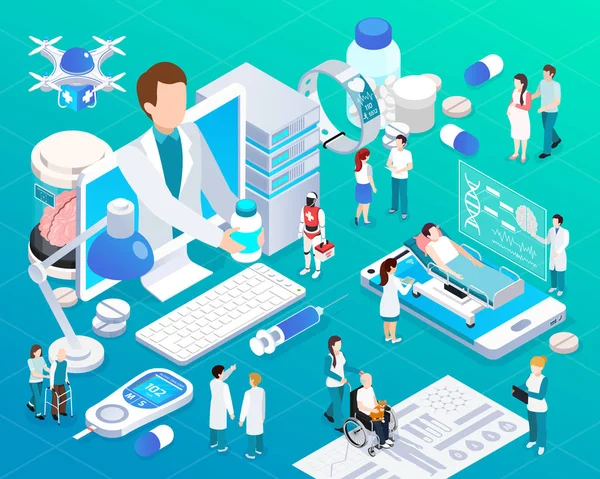 Composição Isométrica de Brilho de Telemedicina —  Vetores de Stock