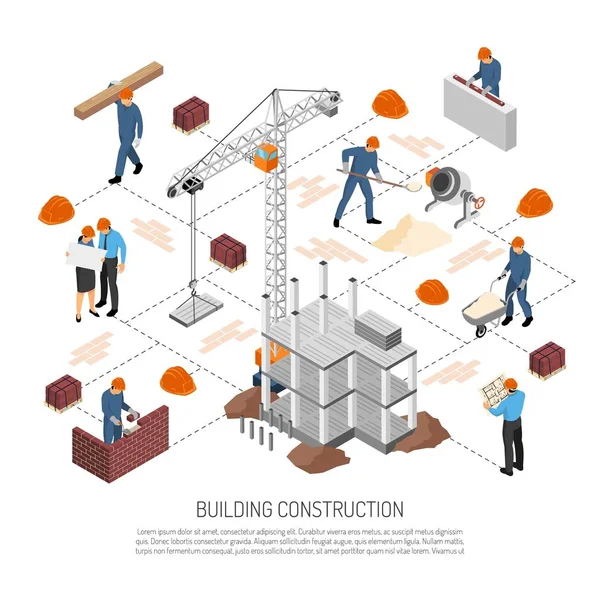 Construcción de edificios isométricos Diagrama de flujo — Vector de stock