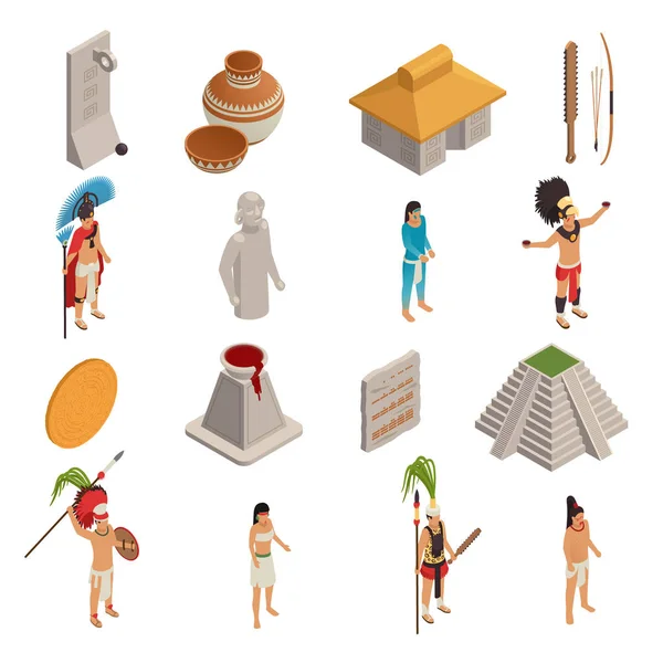 Icone isometriche della civiltà Maya — Vettoriale Stock