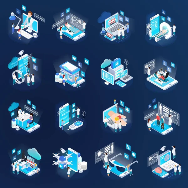 Telegeneeskunde isometrisch icons set — Stockvector